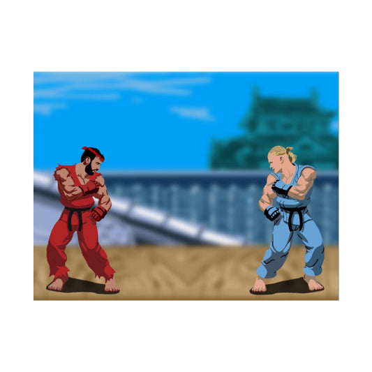 Two animated characters in red and blue martial arts uniforms facing each other with a castle in the background.