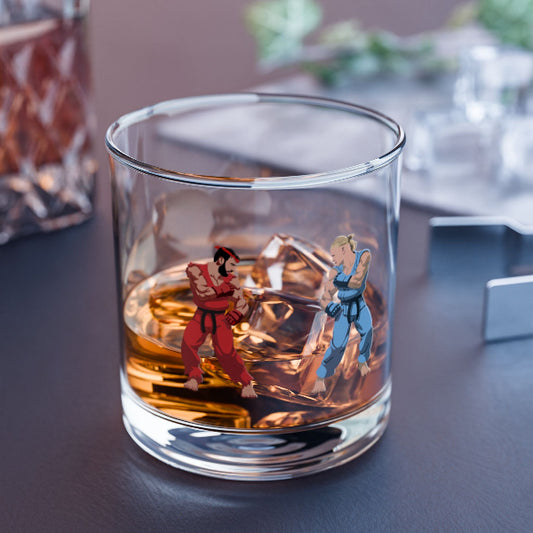 Glass with figurines of a character in red and blue outfits on a reflective surface