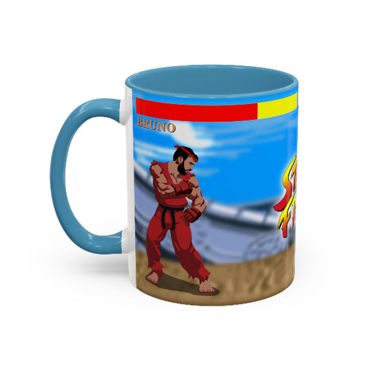 Mug with a character in red martial arts outfit and blue handle on a white background
