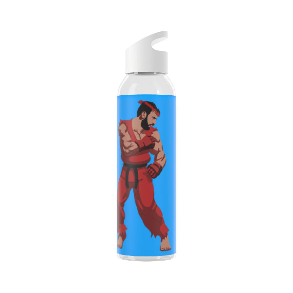 Water bottle with a character in red and brown design on a blue background