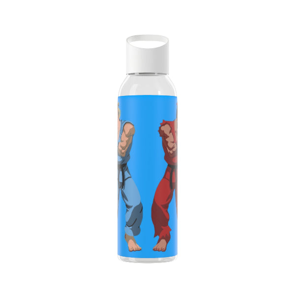 Water bottle with cartoon characters on a blue background