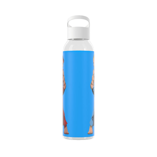Water bottle with a blue sleeve featuring a dog design on a white background
