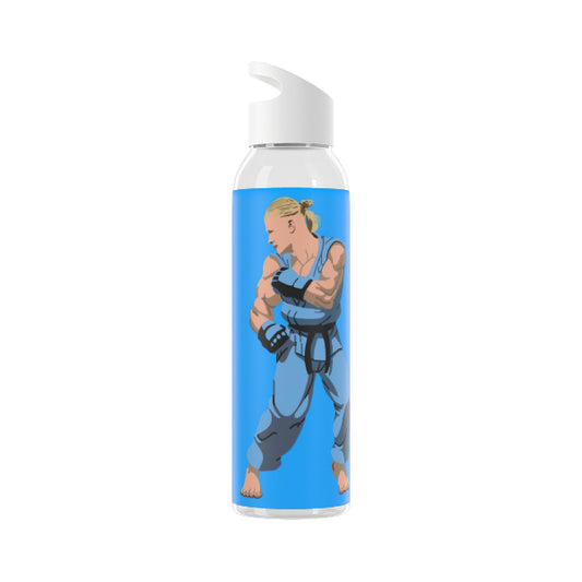 Water bottle with a character design on a blue background