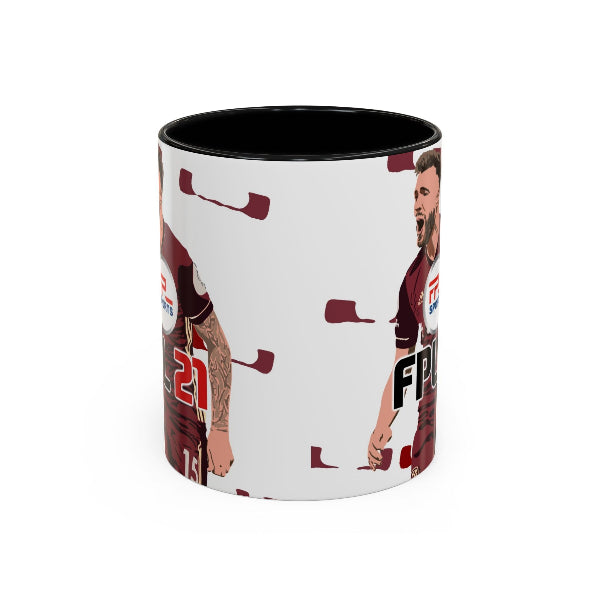 A white ceramic mug with a black interior, featuring a printed graphic of rugby player Fialen Puka in a maroon and white Queensland Reds jersey, shown on a plain white background.