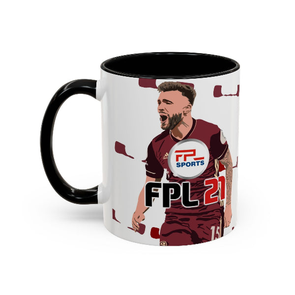 A white ceramic mug with a black handle and black interior, featuring a printed graphic of a football player in a maroon jersey with the text 'FPL SPORTS' and 'FPL 21'.