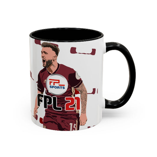 A white ceramic mug with a black handle and black interior, featuring a printed graphic of a football player in a maroon jersey with 'FPL SPORTS' and 'FPL 21' text.