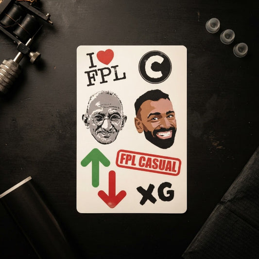 FPL Culture temporary tattoo sheet with red and green arrows, Salah, captain C, Gandhi, FPL casual stamp, xG and I love FPL designs, Fantasy Premier League gift