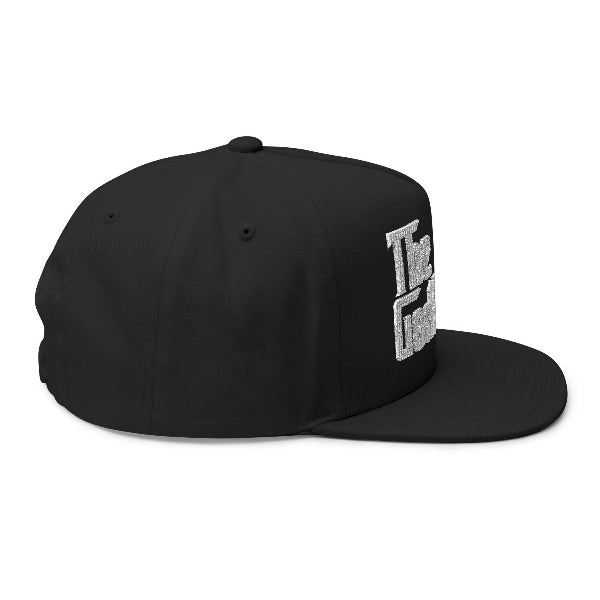 Black cap with a logo on the side against a white background