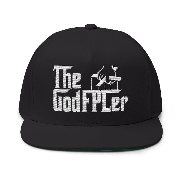 A black flat-brim snapback cap featuring a white embroidered graphic on the front that reads 'The GodFPLer' alongside a small hand holding a microphone, shown against a plain white background.