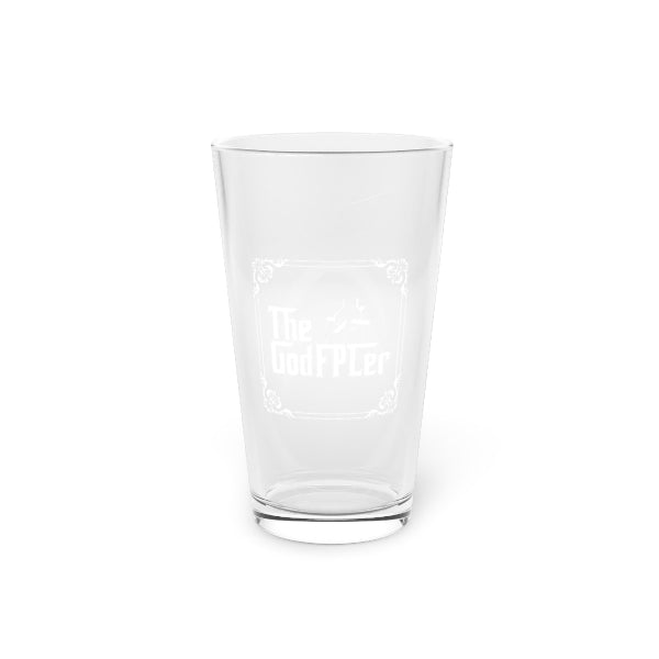 Clear glass tumbler with text on a white background