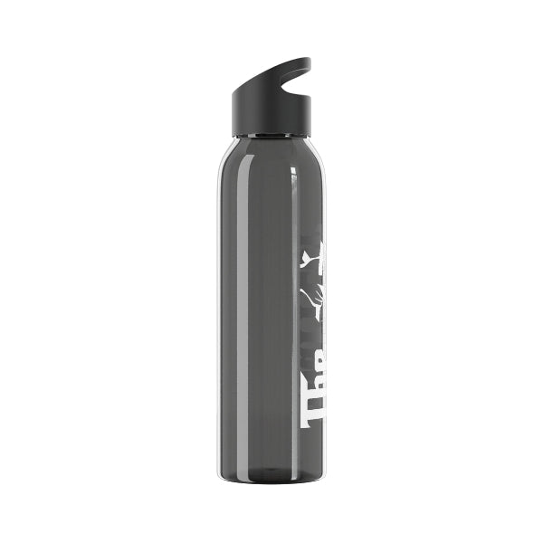 Black water bottle with white text on a white background