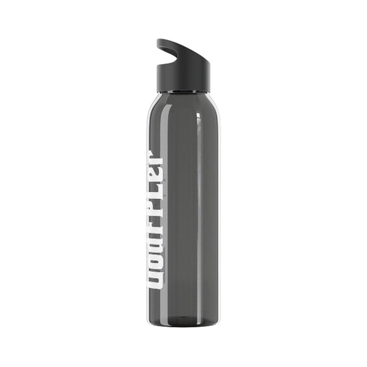Gray water bottle with a black cap on a white background