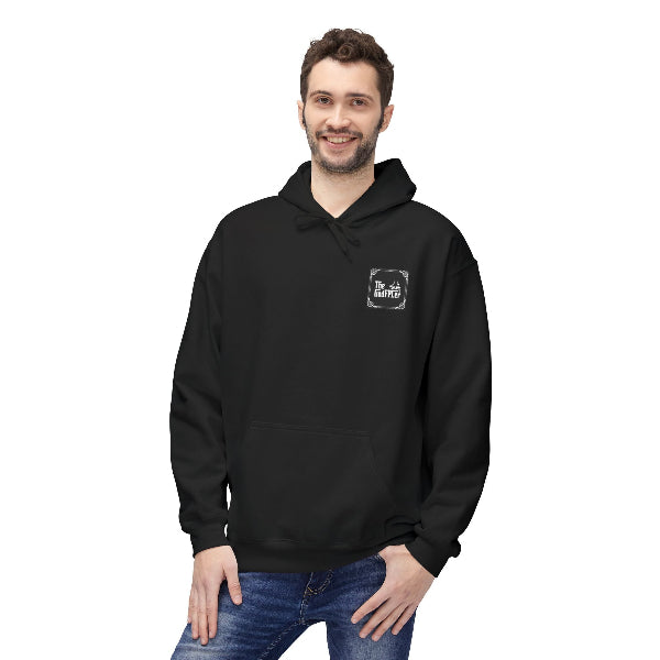 Man wearing a black hoodie with a white triangle logo on a white background