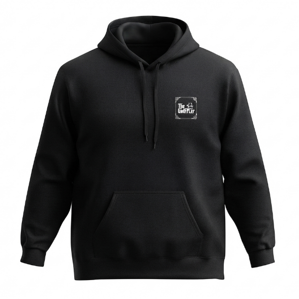 A black pullover hoodie with a small white square graphic on the left chest, displayed on a clean white background.