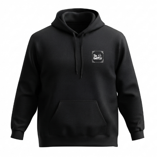 A black pullover hoodie with a small white square graphic on the left chest, displayed on a clean white background.