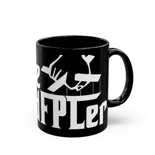 Black mug with white graphic and text on a white background