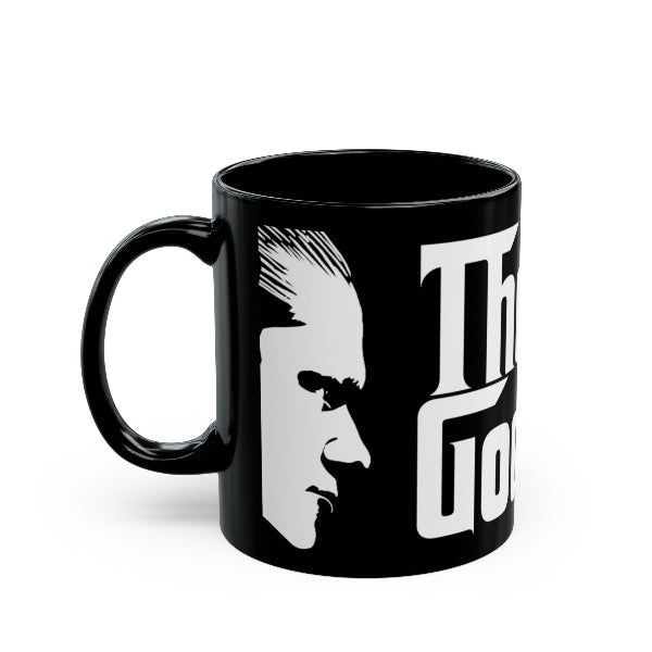 Black mug with white graphic design and text on a white background