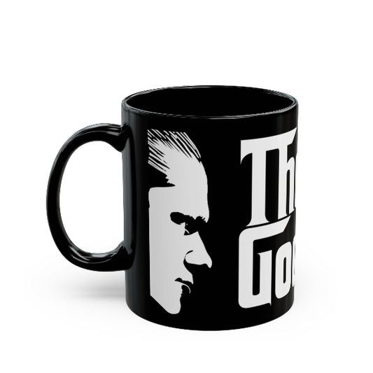 Black mug with white graphic design and text on a white background