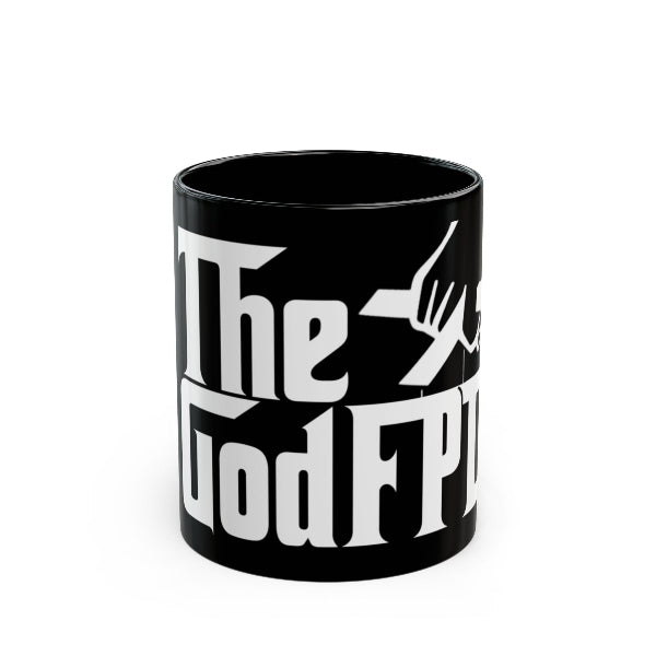 Black mug with white text and logo on a white background