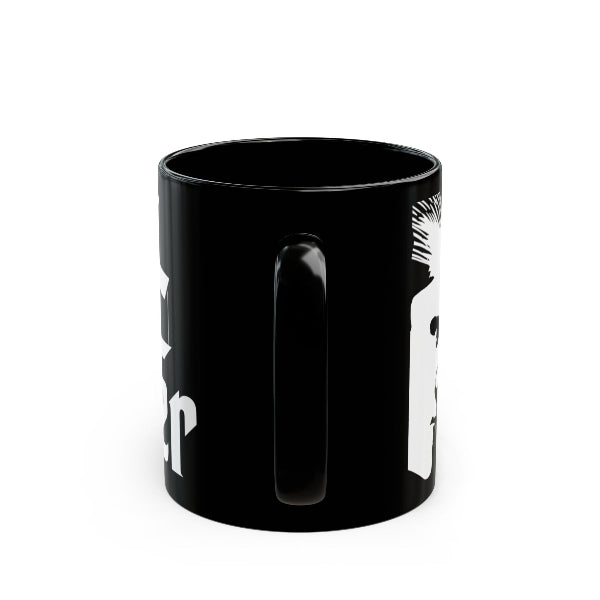 Black mug with white text on a white background