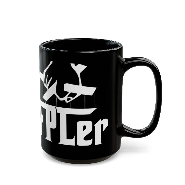 Black mug with white graphic and text on a white background