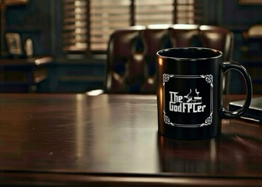 Black mug with 'The GodFPLer' logo on a wooden table in a dimly lit room.