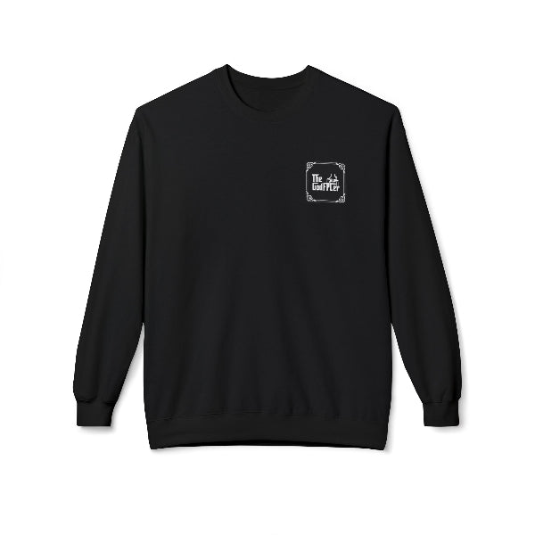 Black sweatshirt with a white logo on a white background