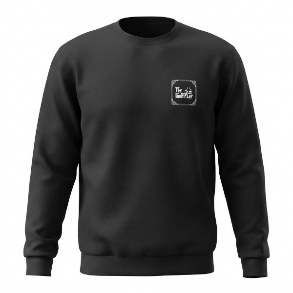 A black crewneck sweatshirt with a small white square graphic on the left chest, displayed on a clean white background.