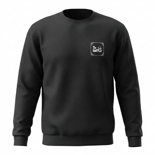 A black crewneck sweatshirt with a small white square graphic on the left chest, displayed on a clean white background.