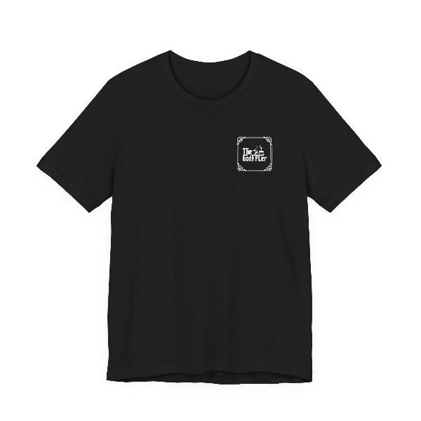 Black t-shirt with a small white graphic on the chest against a white background