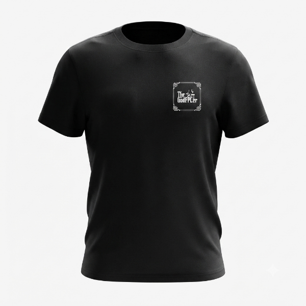 A black short-sleeve crewneck t-shirt with a small white square graphic on the left chest featuring the text 'The Art of War' in a stylized font, shown on a light gray background.