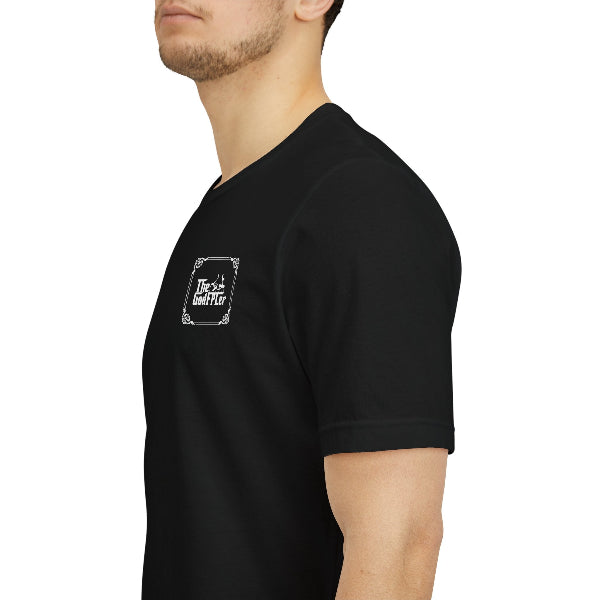 Black t-shirt with a logo on the chest worn by a person