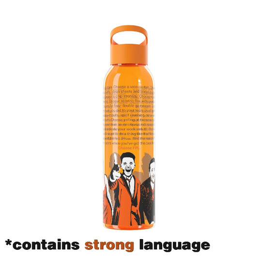 Orange water bottle with graphic design and text on a white background