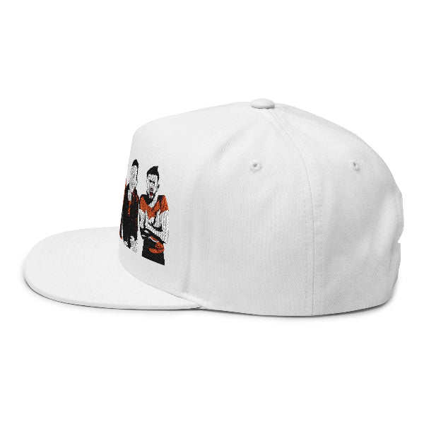 White cap with black text on a white background