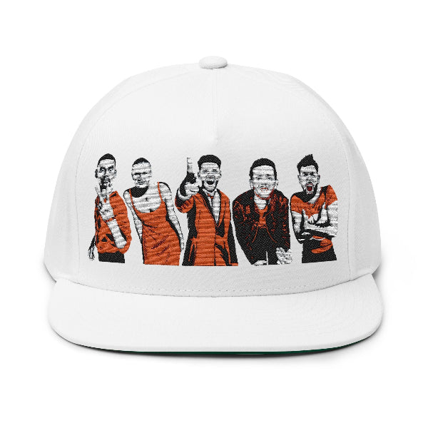 A white flat-brim baseball cap featuring a stylized graphic print of five men in red and black outfits across the front panels, shown against a plain white background.