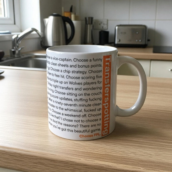 Mug with text on a kitchen counter