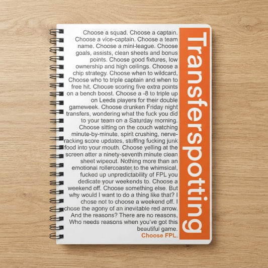 Transferspotting monologue FPL parody A5 wirebound notebook, Fantasy Premier League gift