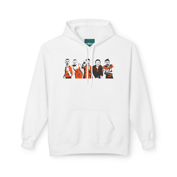 White hoodie with graphic of four people on a white background