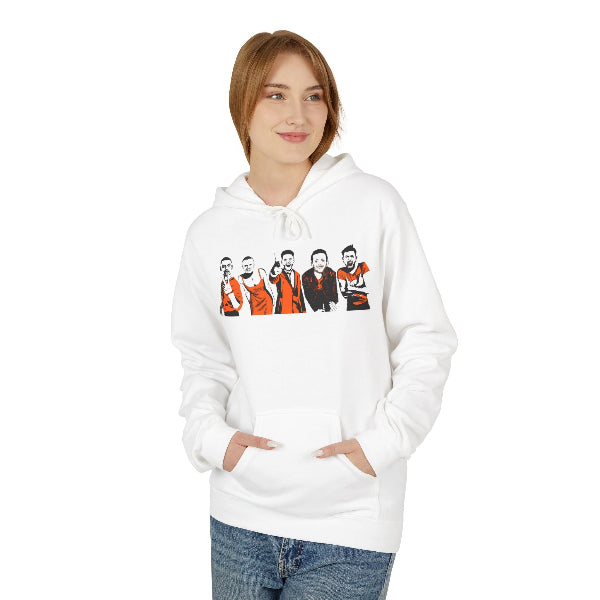 Person wearing a white hoodie with a logo and text on a white background