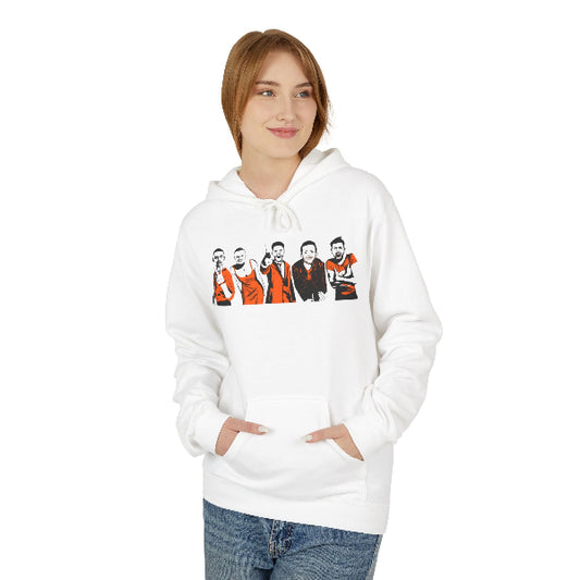 Person wearing a white hoodie with a logo and text on a white background