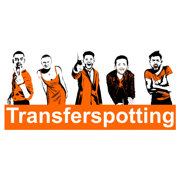 Illustration of five people in various poses with 'Transferspotting' text below on a white background