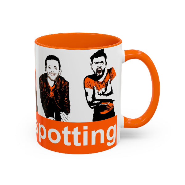 Mug with two illustrated figures and the word 'potting' on a white background