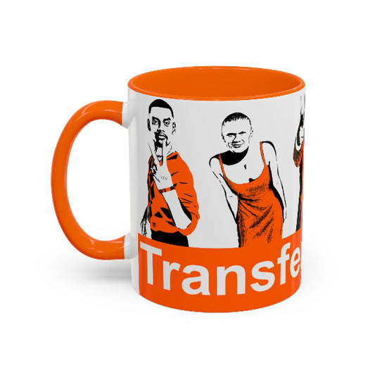 Mug with orange interior and handle, featuring black and white illustrations of two people and the word 'Transfer'.