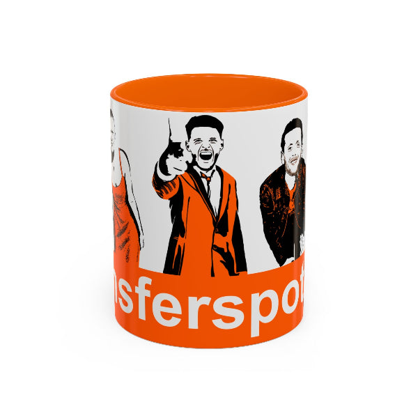 Mug with graphic design and text on a white background