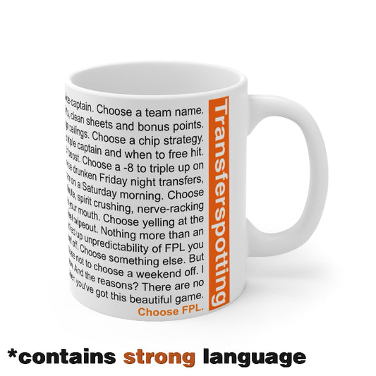 Mug with text about a football fantasy league on a white background