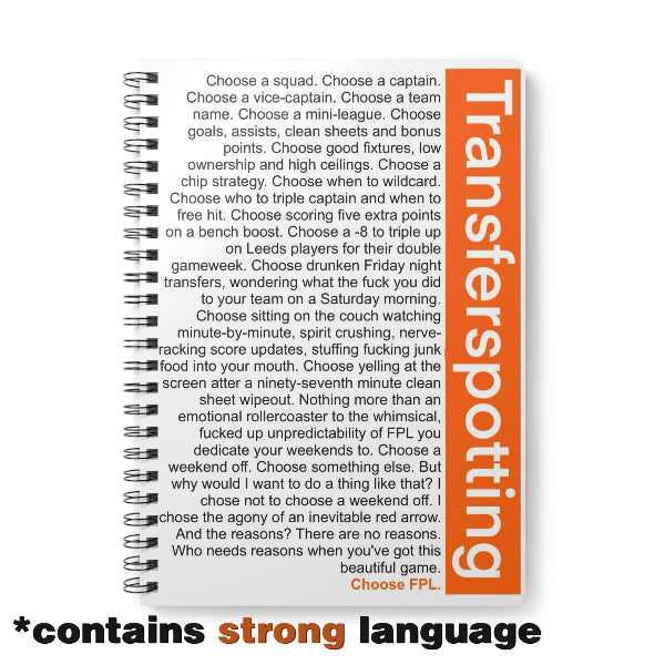 Notebook with text about fantasy football and strong language warning on a white background