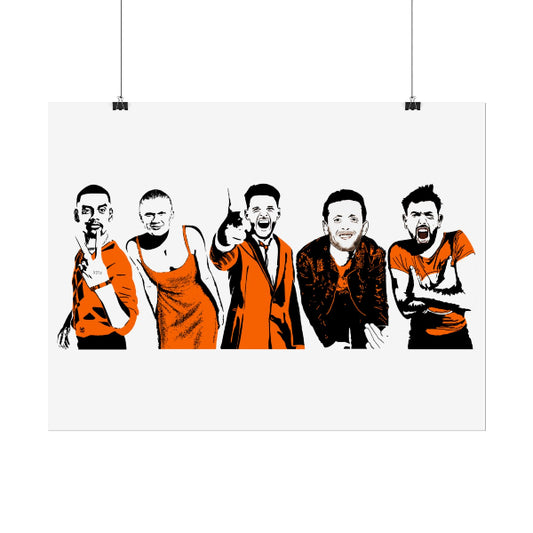 Illustration of five people in various poses on a white background