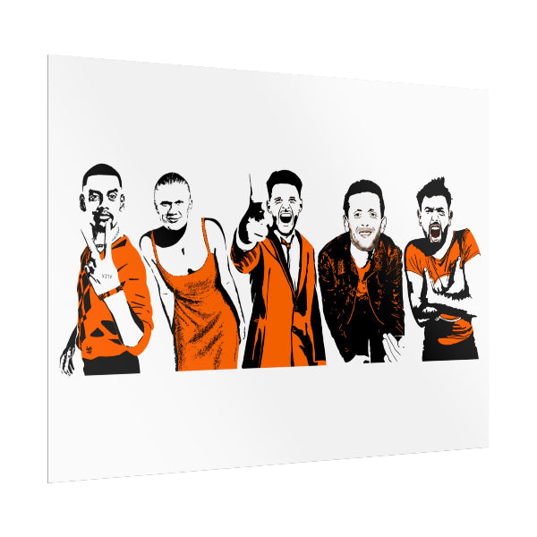 Illustration of five people in various poses with a white background