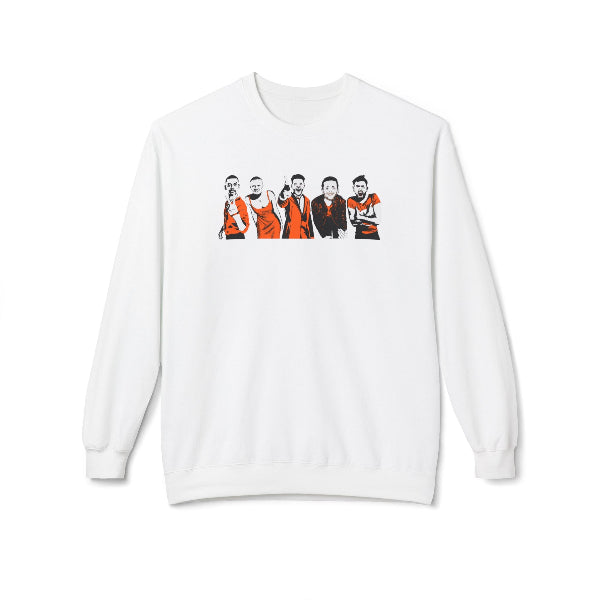 White sweatshirt with a graphic of five people on a white background