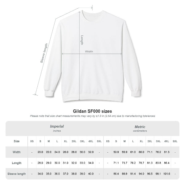 White sweatshirt with measurement chart on a white background